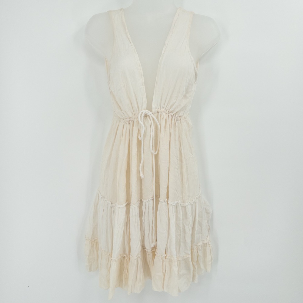 Cream Boho Mini Dress Womens S White Festival Low Cut Tiered Ruffle Beach Greek